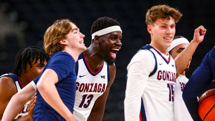 Gonzaga Bulldogs forward Graham Ike (13) gets hyped up with his team before their exhibition game at Acrisure Arena in Palm Desert, Calif., Saturday, Oct. 26, 2024.