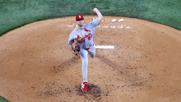 May 30, 2025; Arlington, Texas, USA; St. Louis Cardinals pitcher Matthew Liberatore (52) pitches during the fourth inning against the Texas Rangers at Globe Life Field. Mandatory Credit: Tim Heitman-Imagn Images