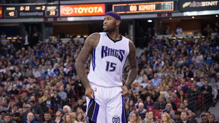 December 30, 2015; Sacramento, CA, USA; Sacramento Kings forward DeMarcus Cousins (15) reacts during the second quarter against the Philadelphia 76ers at Sleep Train Arena. The 76ers defeated the Kings 110-105. Mandatory Credit: Kyle Terada-Imagn Images