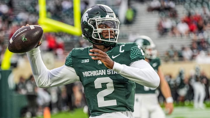 Michigan State Spartans quarterback Aidan Chiles (2) warms up before the NCAA football game against Ohio State University at Spartan Stadium in East Lansing, Saturday, Sept. 28, 2024.