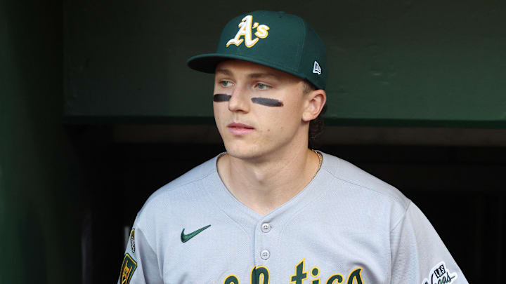 Sep 19, 2025; Pittsburgh, Pennsylvania, USA;  Athletics second baseman Zack Gelof (20) enters the dugout to play the Pittsburgh Pirates at PNC Park. Mandatory Credit: Charles LeClaire-Imagn Images