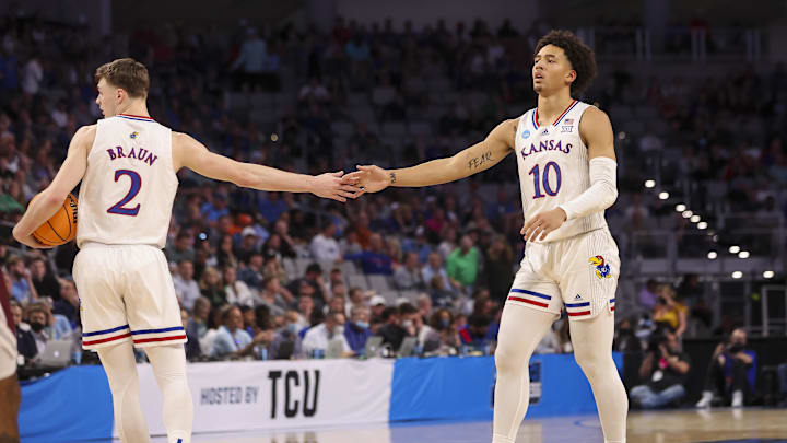 Mar 17, 2022; Fort Worth, TX, USA; Kansas Jayhawks guard Christian Braun (2) and forward Jalen Wilson (10) celebrate during the first half against the Texas Southern Tigers in the first round of the 2022 NCAA Tournament at Dickies Arena. Mandatory Credit: Kevin Jairaj-Imagn Images