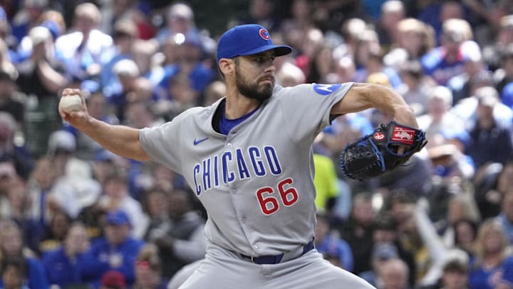 May 4, 2025; Milwaukee, Wisconsin, USA; Chicago Cubs pitcher Julian Merryweather (66) delivers a pitch against the Milwaukee Brewers in the sixth inning at American Family Field. Mandatory Credit: Michael McLoone-Imagn Images