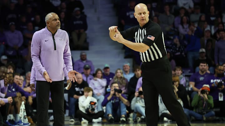 Jan 24, 2026; Manhattan, Kansas, USA; Kansas State Wildcats head coach Jerome Tang gets a technical during the second half against the Kansas Jayhawks at Bramlage Coliseum. 