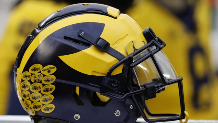 Apr 1, 2023; Ann Arbor, MI, USA;   Michigan Wolverines helmet on the sideline during the Spring Game at Michigan Stadium. Mandatory Credit: Rick Osentoski-USA TODAY Sports