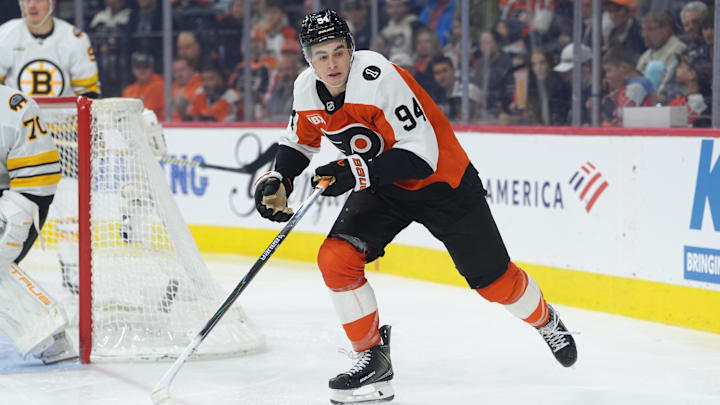 Apr 5, 2026; Philadelphia, Pennsylvania, USA; Philadelphia Flyers right wing Porter Martone (94) in action against the Boston Bruins in the third period at Xfinity Mobile Arena. Mandatory Credit: Kyle Ross-Imagn Images Apr 5, 2026; Philadelphia, Pennsylvania, USA; Philadelphia Flyers right wing Porter Martone (94) in action against the Boston Bruins in the third period at Xfinity Mobile Arena. Mandatory Credit: Kyle Ross-Imagn Images