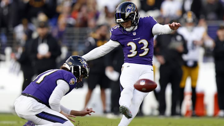 Dec 7, 2025; Baltimore, Maryland, USA; Baltimore Ravens place kicker Tyler Loop (33) kicks a field goal against the Pittsburgh Steelers during the second half at M&T Bank Stadium. Mandatory Credit: Peter Casey-Imagn Images