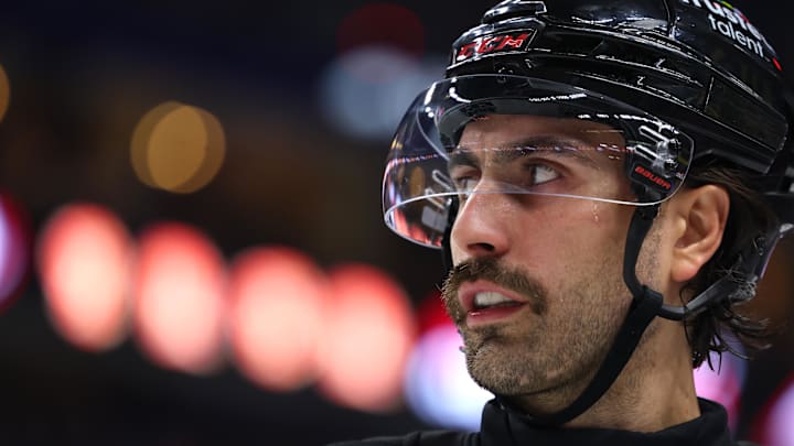Nov 6, 2025; Buffalo, New York, USA;  Buffalo Sabres right wing Alex Tuch (89) during a stoppage in play against the St. Louis Blues at KeyBank Center. Mandatory Credit: Timothy T. Ludwig-Imagn Images