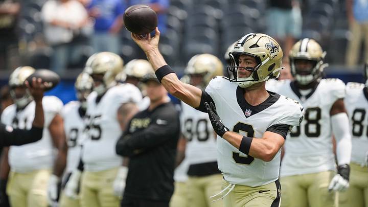 Saints quarterback Jake Haener (3) throws during pre-game warmups before a 2025 preseason game against the Chargers. Saints quarterback Jake Haener (3) throws during pre-game warmups before a 2025 preseason game against the Chargers.