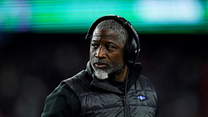 Nov 13, 2025; Foxborough, Massachusetts, USA; New York Jets head coach Aaron Glenn looks on during the second half against the New England Patriots at Gillette Stadium. Mandatory Credit: David Butler II-Imagn Images
