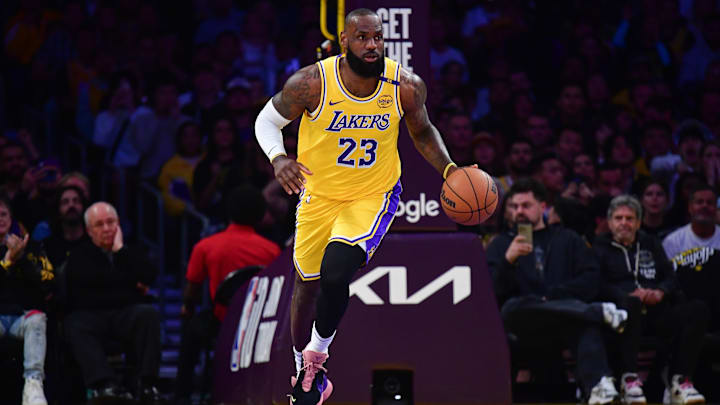 Los Angeles Lakers forward LeBron James brings the ball up court against the Minnesota Timberwolves during the first half in Game 5 of their first-round playoff series at Crypto.com Arena in Los Angeles on April 30, 2025.