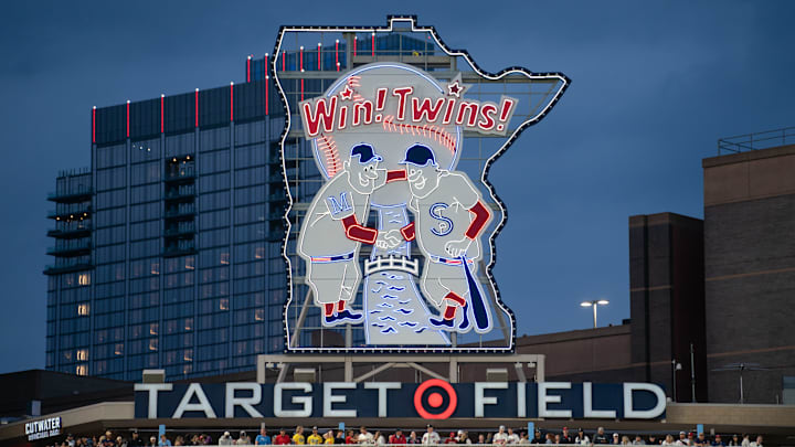 May 15, 2024; Minneapolis, Minnesota, USA; Minneapolis and St. Paul are featured in a display in the outfield of the home of the Minnesota Twins, Target Field.