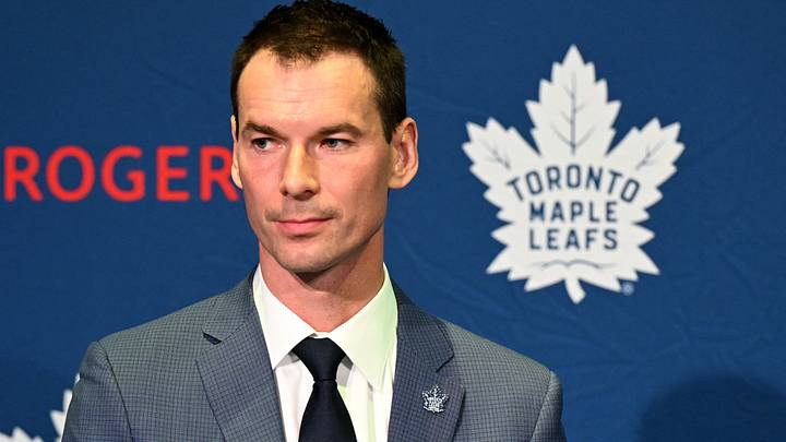 May 4, 2026; Toronto, Ontario, CANADA; Toronto Maple Leafs general manager John Chayka speaks to the media at Real Sports Bar. Mandatory Credit: Dan Hamilton-Imagn Images