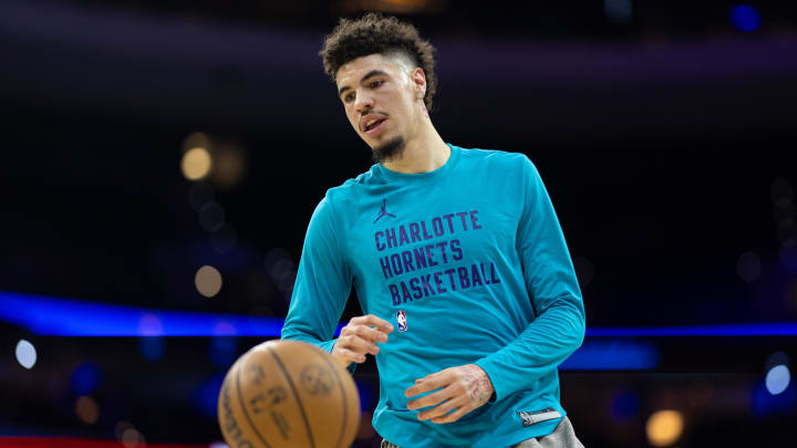 Mar 1, 2024; Philadelphia, Pennsylvania, USA; Charlotte Hornets guard LaMelo Ball practices before a