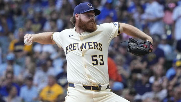 Aug 13, 2025; Milwaukee, Wisconsin, USA: Milwaukee Brewers pitcher Brandon Woodruff (53) delivers a pitch against the Pittsburgh Pirates in the first inning at American Family Field. Mandatory Credit: Michael McLoone-Imagn Images