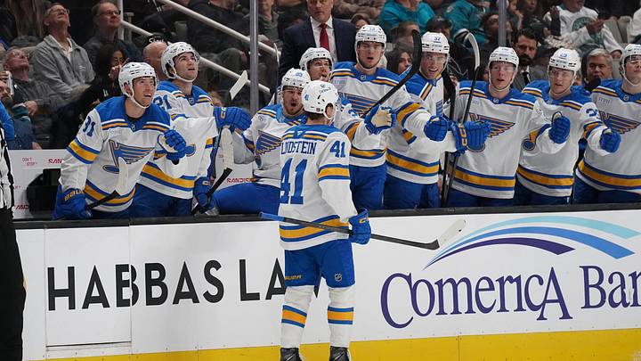 Mar 30, 2026; San Jose, California, USA;  St. Louis Blues defenseman Theo Lindstein (41) is congratulated after scoring during the first period against the San Jose Sharks at SAP Center at San Jose. Mandatory Credit: David Gonzales-Imagn Images