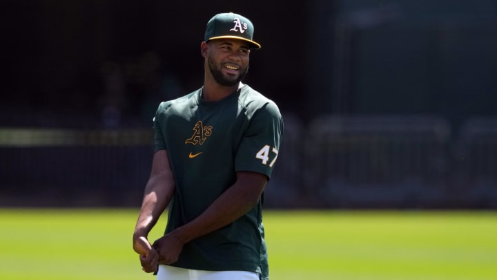 Jun 9, 2024; Oakland, California, USA; Oakland Athletics relief pitcher Michel Otanez (47) warms up before the game against the Toronto Blue Jays at Oakland-Alameda County Coliseum. Mandatory Credit: Darren Yamashita-USA TODAY Sports
