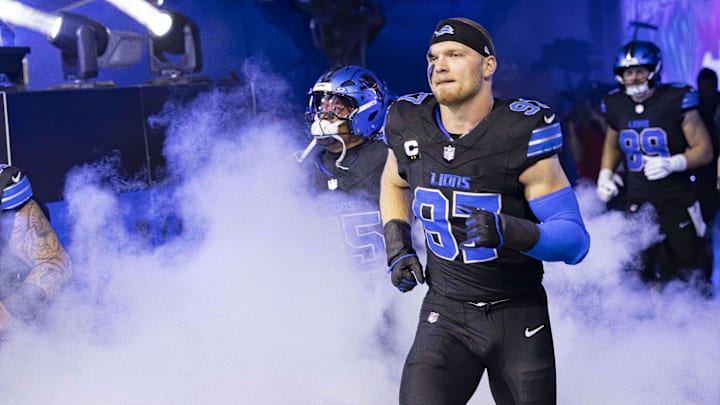 Oct 20, 2025; Detroit, Michigan, USA; Detroit Lions defensive end Aidan Hutchinson (97) takes the field before the game at Ford Field. Mandatory Credit: David Reginek-Imagn Images