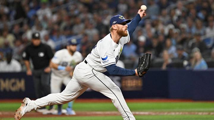 Oct 19, 2026; St. Petersburg, Florida, USA;  Tampa Bay Rays pitcher Cam Booser (62) pitches against the Cleveland Guardians during the sixth inning in game six of the ALCS for the 2026 MLB Playoffs at Tropicana Field.  Mandatory Credit: Jonathan Dyer-Imagn Images