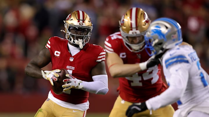 Dec 30, 2024; Santa Clara, California, USA; San Francisco 49ers wide receiver Deebo Samuel Sr. (1) runs with the ball during the first quarter against the Detroit Lions at Levi's Stadium. Mandatory Credit: Sergio Estrada-Imagn Images
