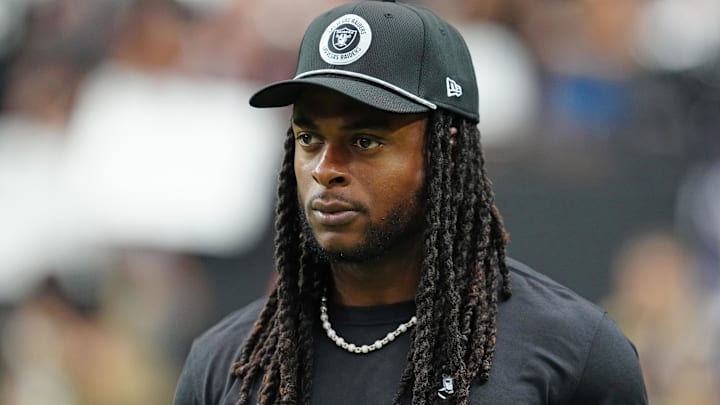 Sep 29, 2024; Paradise, Nevada, USA; Las Vegas Raiders wide receiver Davante Adams (17) walks the sideline before the start of a game between the Raiders and the Cleveland Browns at Allegiant Stadium. Mandatory Credit: Stephen R. Sylvanie-Imagn Images