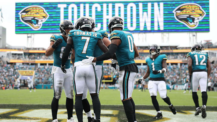 Oct 6, 2024; Jacksonville, Florida, USA; Jacksonville Jaguars wide receiver Brian Thomas Jr. (7) celebrates after scoring a touchdown against the Indianapolis Colts in the second quarter at EverBank Stadium. Mandatory Credit: Nathan Ray Seebeck-Imagn Images Oct 6, 2024; Jacksonville, Florida, USA; Jacksonville Jaguars wide receiver Brian Thomas Jr. (7) celebrates after scoring a touchdown against the Indianapolis Colts in the second quarter at EverBank Stadium. Mandatory Credit: Nathan Ray Seebeck-Imagn Images