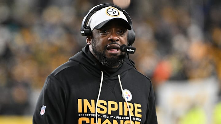 Dec 15, 2025; Pittsburgh, Pennsylvania, USA; Pittsburgh Steelers head coach Mike Tomlin looks on in the first half against the Miami Dolphins at Acrisure Stadium. Mandatory Credit: Barry Reeger-Imagn Images