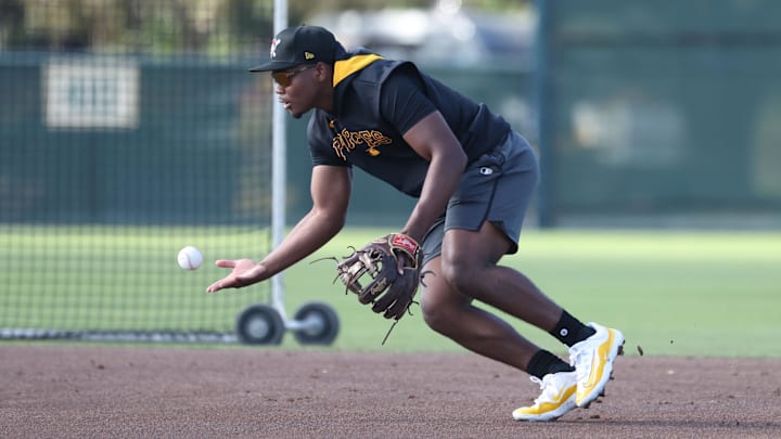 Feb 14, 2025; Bradenton, FL, USA; Pittsburgh Pirates infielder Termarr Johnson (81) during spring training workouts at Pirate City. Mandatory Credit: Kim Klement Neitzel-Imagn Images