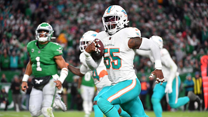 Miami Dolphins linebacker Jerome Baker (55) returns an interception for a touchdown  during the third quarter against the Philadelphia Eagles at Lincoln Financial Field last season.