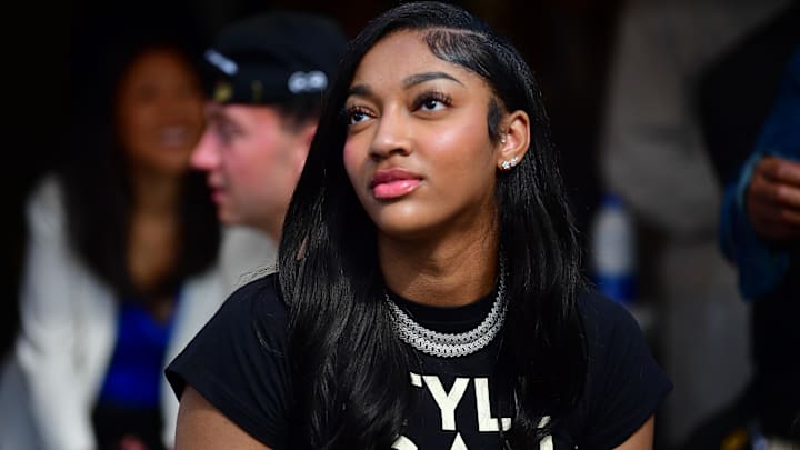 WNBA basketball player Angel Reese attends the game between the Los Angeles Rams and San Francisco 49ers at SoFi Stadium. WNBA basketball player Angel Reese attends the game between the Los Angeles Rams and San Francisco 49ers at SoFi Stadium.