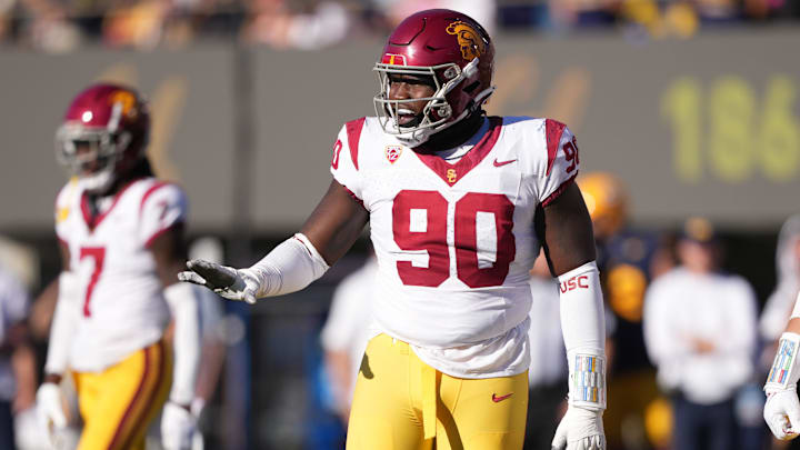 Oct 28, 2023; Berkeley, California, USA; USC Trojans defensive lineman Bear Alexander (90) gestures during the third quarter against the California Golden Bears at California Memorial Stadium. Mandatory Credit: Darren Yamashita-Imagn Images