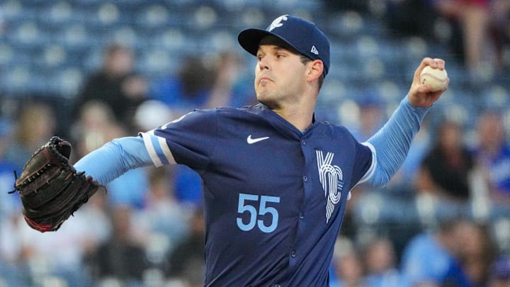 Sep 6, 2024; Kansas City, Missouri, USA; Kansas City Royals starting pitcher Cole Ragans (55) delivers a pitch agains the Minnesota Twins during the first inning at Kauffman Stadium. Mandatory Credit: Denny Medley-Imagn Images