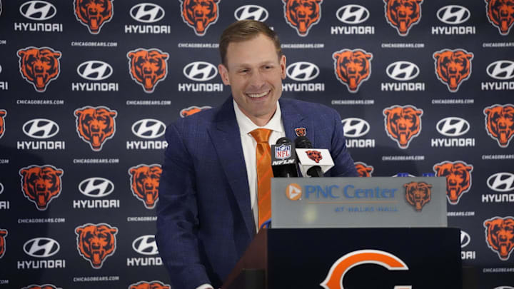 Chicago Bears head coach Ben Johnson answers questions during a introductory press conference at PNC Center.