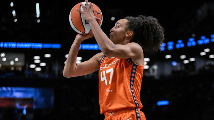 Aug 25, 2025; Brooklyn, New York, USA; Connecticut Sun guard Leila Lacan (47) shoots the ball during the second half against the New York Liberty at Barclays Center. 