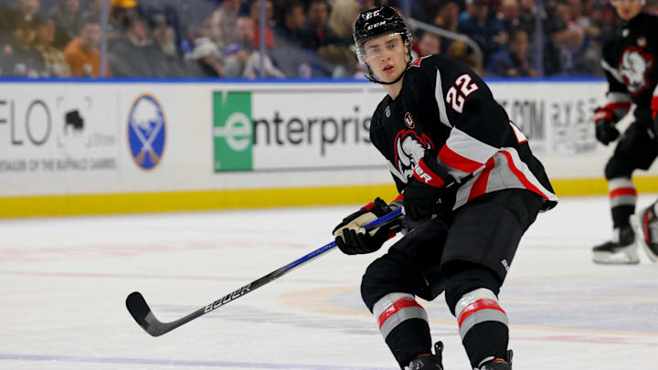 Jan 11, 2024; Buffalo, New York, USA;  Buffalo Sabres right wing Jack Quinn (22) looks for the puck