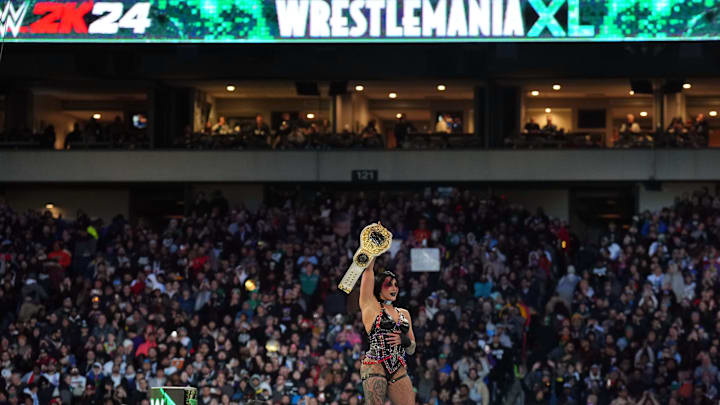Apr 6, 2024; Philadelphia, PA, USA; Women’s World Championship match between Rhea Ripley (black