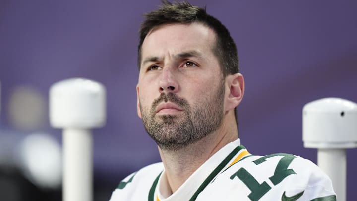 Dec 14, 2025; Denver, Colorado, USA; Green Bay Packers place kicker Brandon McManus (17) sits on the sidelines during the third quarter against the Denver Broncos at Empower Field at Mile High. Mandatory Credit: Ron Chenoy-Imagn Images