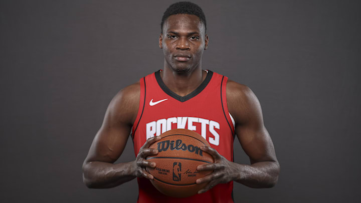 Sep 30, 2024; Houston, TX, USA; Houston Rockets center N'Faly Dante during Houston Rockets media day. Mandatory Credit: Troy Taormina-Imagn Images Sep 30, 2024; Houston, TX, USA; Houston Rockets center N'Faly Dante during Houston Rockets media day. Mandatory Credit: Troy Taormina-Imagn Images