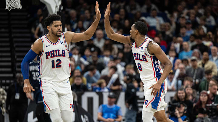 Dec 27, 2023; Orlando, Florida, USA; Philadelphia 76ers forward Tobias Harris (12) and small guard