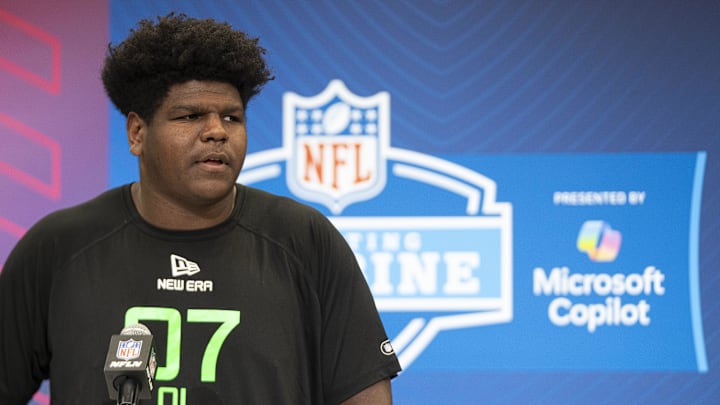 Mar 1, 2025; Indianapolis, IN, USA; University of Oregon offensive lineman Josh Conerly (OL07) answers questions at a press conference during the 2025 NFL Combine at Indiana Convention Center. Mandatory Credit: Jacob Musselman-Imagn Images