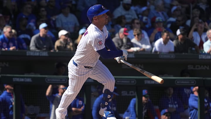 Feb 20, 2026; Mesa, Arizona, USA; Chicago Cubs third baseman Alex Bregman (3) hits against the Chicago White Sox in the first inning at Sloan Park. Mandatory Credit: Rick Scuteri-Imagn Images