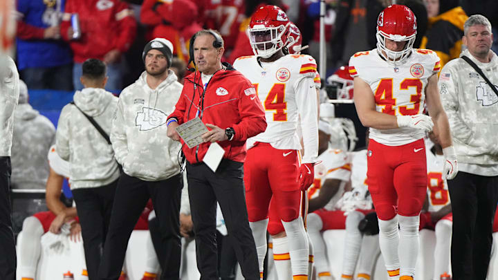 Nov 17, 2024; Orchard Park, New York, USA; Kansas City Chiefs defensive coordinator Steve Spagnuolo looks on from the sideline during the first half against the Buffalo Bills at Highmark Stadium. Mandatory Credit: Gregory Fisher-Imagn Images