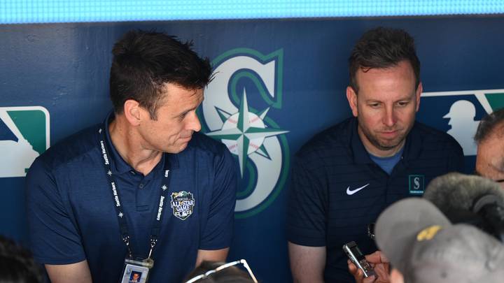 Aug 1, 2023; Seattle, Washington, USA; Seattle Mariners president of baseball operations Jerry Dipoto and general manager Justin Hollander talk to the media prior to the game against the Boston Red Sox at T-Mobile Park. Mandatory Credit: Steven Bisig-Imagn Images Aug 1, 2023; Seattle, Washington, USA; Seattle Mariners president of baseball operations Jerry Dipoto and general manager Justin Hollander talk to the media prior to the game against the Boston Red Sox at T-Mobile Park. Mandatory Credit: Steven Bisig-Imagn Images