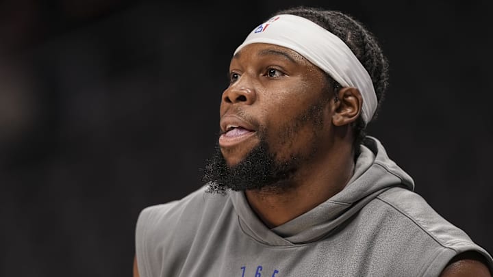 Mar 10, 2025; Atlanta, Georgia, USA; Philadelphia 76ers forward Guerschon Yabusele (28) on the court prior to the game against the Atlanta Hawks at State Farm Arena. Mandatory Credit: Dale Zanine-Imagn Images