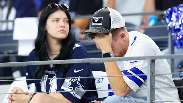 Sep 22, 2024; Arlington, Texas, USA;  Dallas Cowboys fans react during the second half against the Baltimore Ravens at AT&T Stadium. Mandatory Credit: Kevin Jairaj-Imagn Images