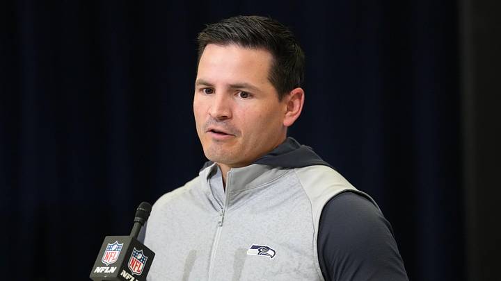 Seattle Seahawks coach Mike Macdonald speaks during the NFL Scouting Combine. Seattle Seahawks coach Mike Macdonald speaks during the NFL Scouting Combine.