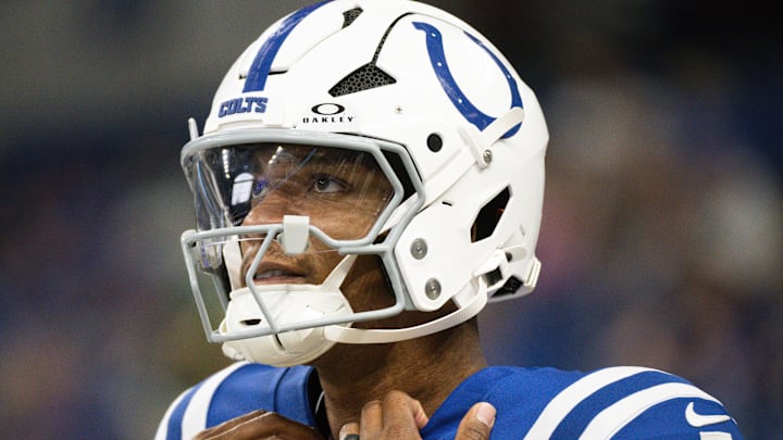 Aug 16, 2025; Indianapolis, Indiana, USA; Indianapolis Colts quarterback Anthony Richardson Sr. (5) during warmups prior to the game against the Green Bay Packers at Lucas Oil Stadium. Mandatory Credit: Robert Goddin-Imagn Images