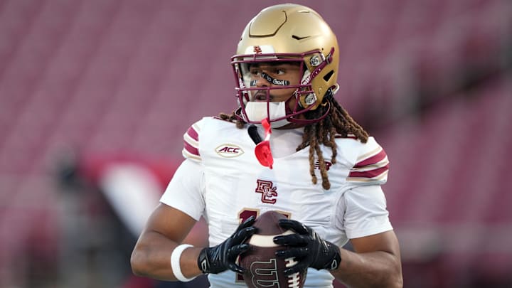 Sep 13, 2025; Stanford, California, USA; Boston College Eagles wide receiver Lewis Bond (11) warms up before the game against the Stanford Cardinal at Stanford Stadium. Mandatory Credit: Darren Yamashita-Imagn Images