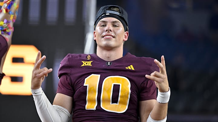 Dec 7, 2024; Arlington, TX, USA; Arizona State Sun Devils quarterback Sam Leavitt (10) celebrates after the Sun Devils defeat the Iowa State Cyclones and win the 2024 Big 12 Championship at AT&T Stadium. Mandatory Credit: Jerome Miron-Imagn Images
