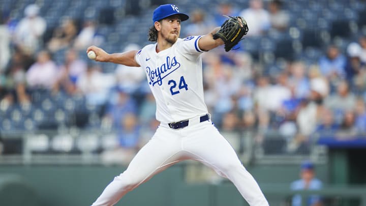 Aug 21, 2024; Kansas City, Missouri, USA; Kansas City Royals starting pitcher Michael Lorenzen (24) pitches during the first inning against the Los Angeles Angels at Kauffman Stadium. Mandatory Credit: Jay Biggerstaff-Imagn Images